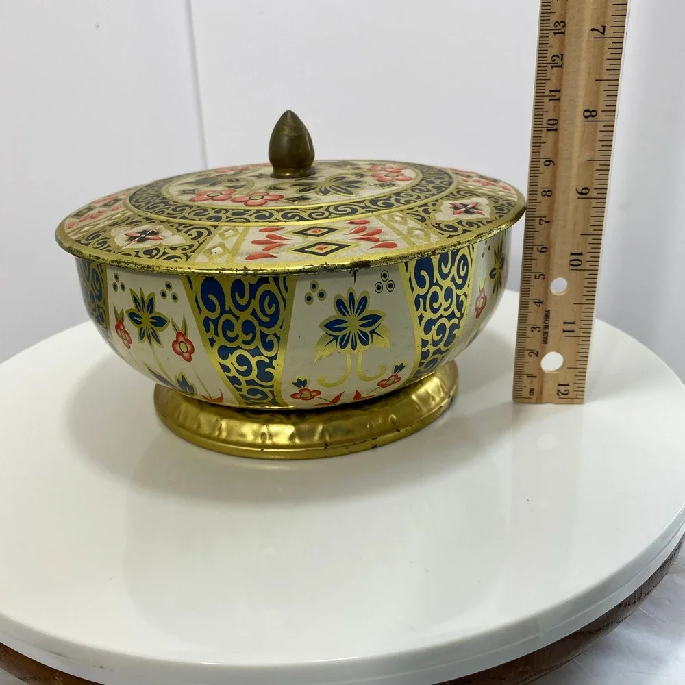 Vintage Crown Derby England Footed Biscuit Tin Imari Floral Gold Blue Red 7in